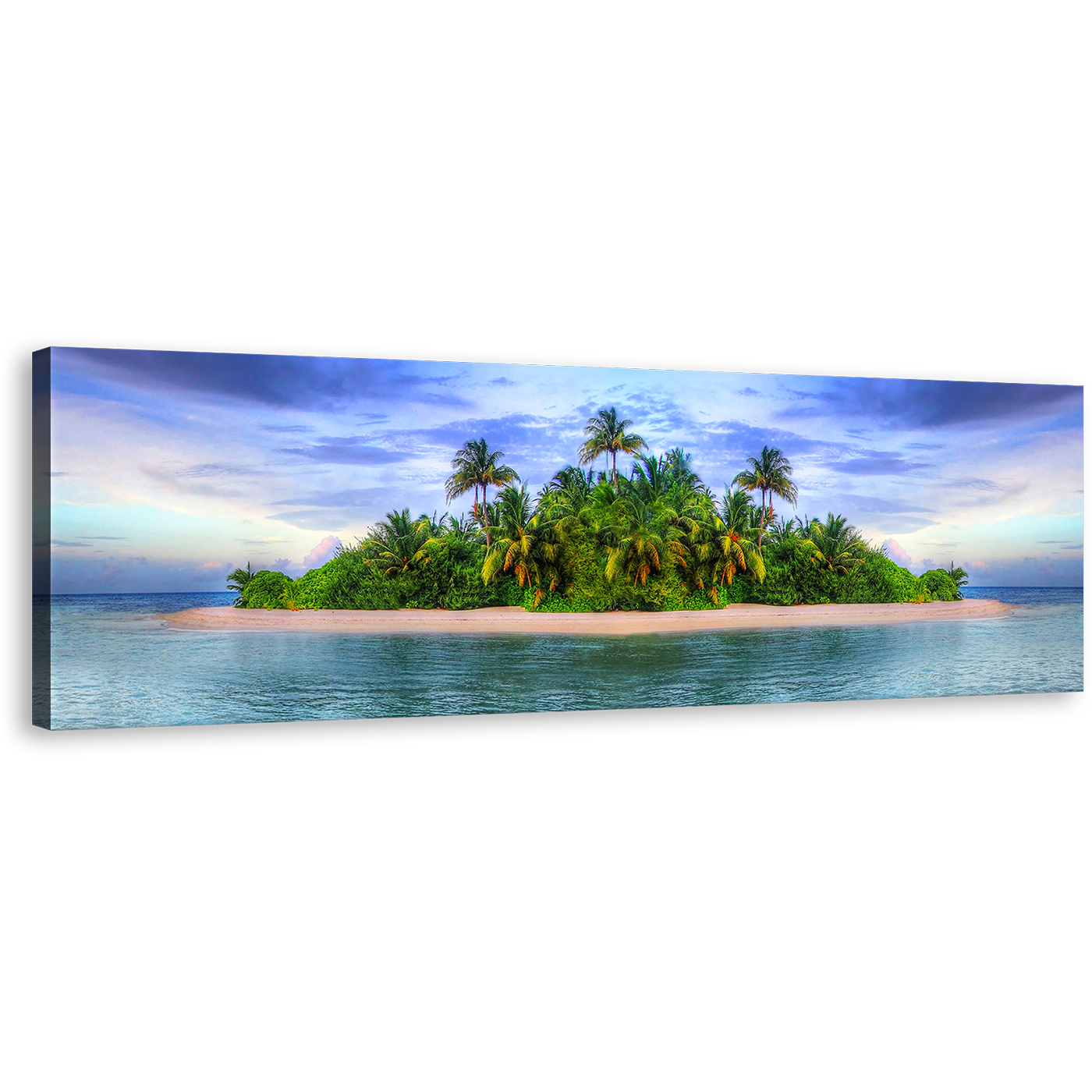 Tropical Island Canvas Wall Art, Green Island with Palm Trees Panoramic Canvas, Blue Sky Ocean Beaches Canvas Print