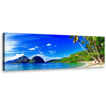 Load image into Gallery viewer, Tropical Island Canvas Wall Art, Green Palm Trees Panoramic Canvas, Blue Sky Ocean Beach Canvas Print, El Nido in Palawan Canvas Artwork
