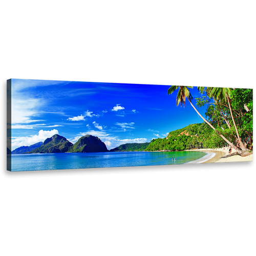 Tropical Island Canvas Wall Art, Green Palm Trees Panoramic Canvas, Blue Sky Ocean Beach Canvas Print, El Nido in Palawan Canvas Artwork