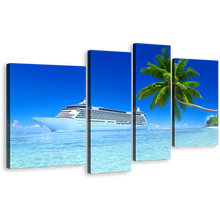 Load image into Gallery viewer, Tropical Island Canvas Wall Art, White Cruise Ship Sea Beach 4 Piece Multi Panel Canvas, Blue Sky Seascape Canvas Print
