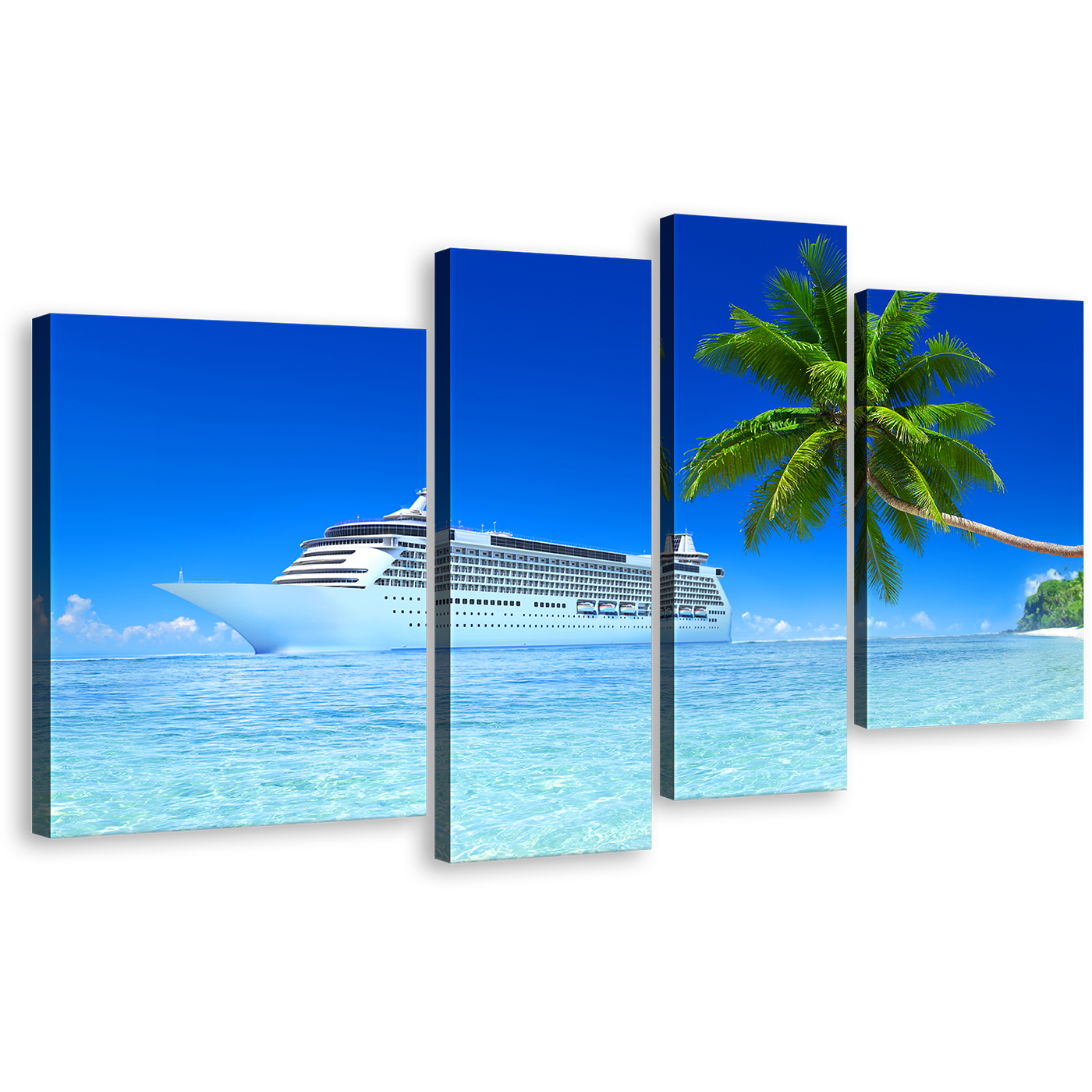 Tropical Island Canvas Wall Art, White Cruise Ship Sea Beach 4 Piece Multi Panel Canvas, Blue Sky Seascape Canvas Print