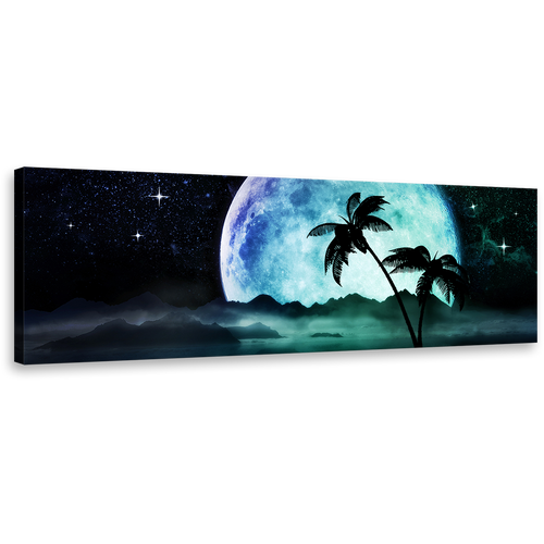 Tropical Island Wall Art, Full Moonlight Green Ocean Canvas Print, Black Starry Night Beaches 1 Piece Canvas Art