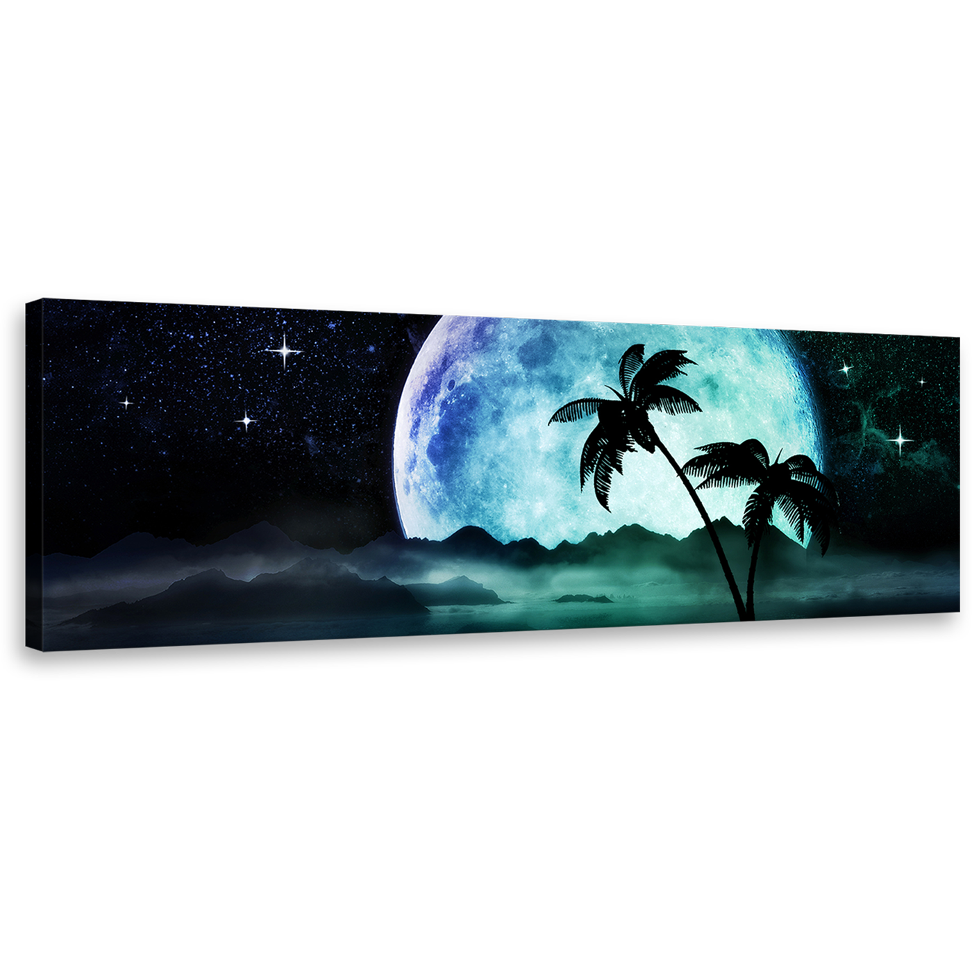 Tropical Island Wall Art, Full Moonlight Green Ocean Canvas Print, Black Starry Night Beaches 1 Piece Canvas Art