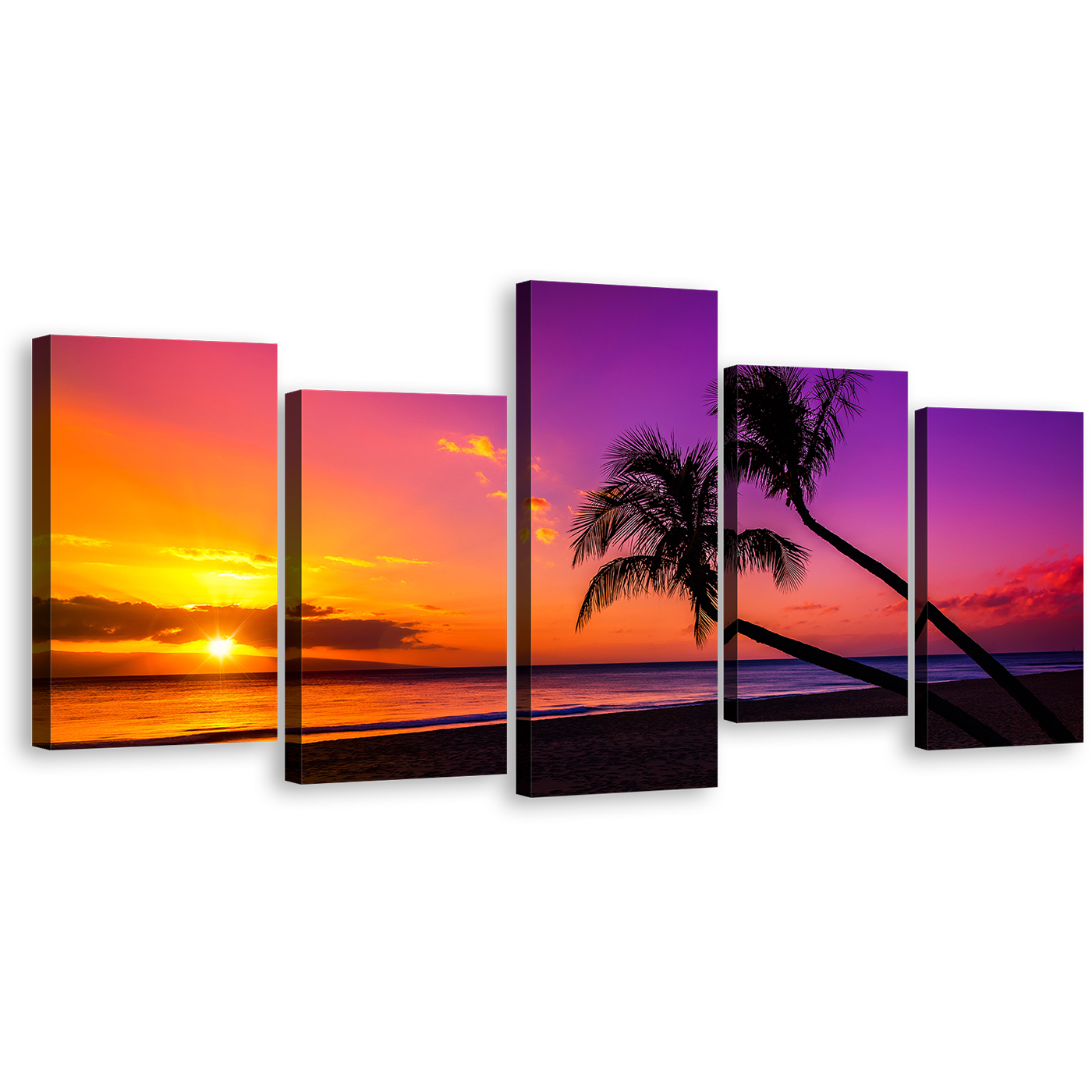 Tropical Scenery Canvas Print, Colorful Ocean Sky 5 Piece Canvas Wall Art, Yellow Sunset Ocean Canvas Set