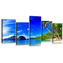 Load image into Gallery viewer, Tropical Scenery Canvas Print, El Nido Green Palm Trees 5 Piece Canvas Wall Art, Palawan Blue Sky Ocean Beach Canvas Set
