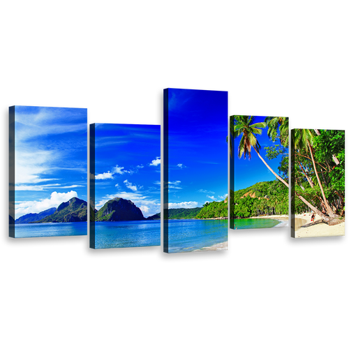 Tropical Scenery Canvas Print, El Nido Green Palm Trees 5 Piece Canvas Wall Art, Palawan Blue Sky Ocean Beach Canvas Set