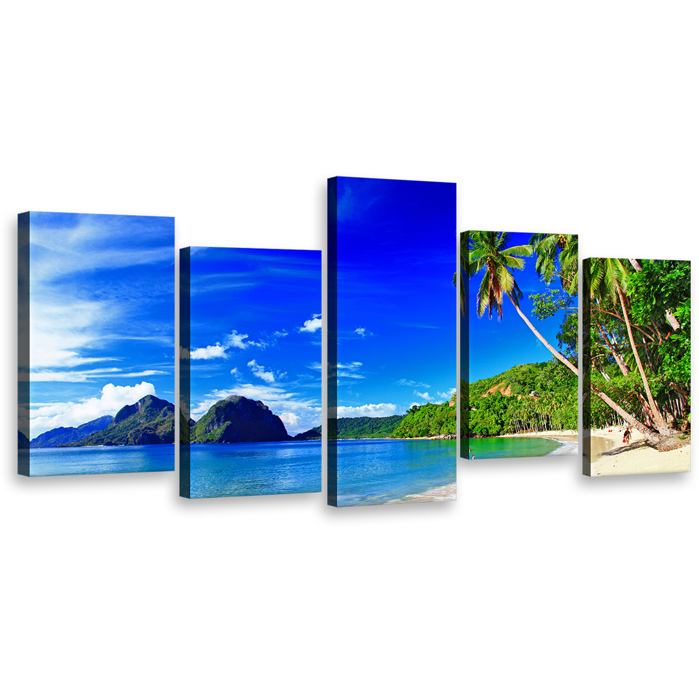 Tropical Scenery Canvas Print, El Nido Green Palm Trees 5 Piece Canvas Wall Art, Palawan Blue Sky Ocean Beach Canvas Set