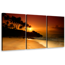 Load image into Gallery viewer, Tropical Seascape Wall Art, Black Coconut Palms 3 Piece Canvas Print, Orange Sunset Sri Lanka Ocean Beach Multi Canvas
