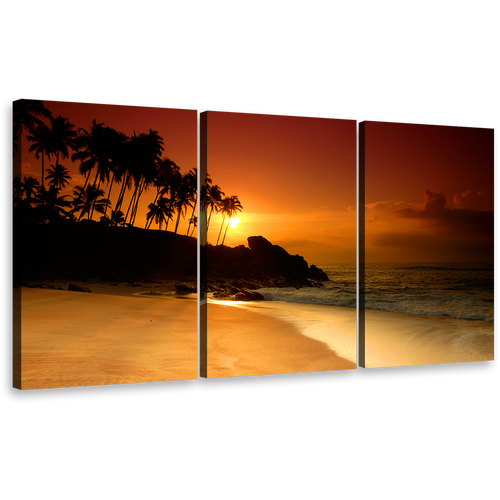 Tropical Seascape Wall Art, Black Coconut Palms 3 Piece Canvas Print, Orange Sunset Sri Lanka Ocean Beach Multi Canvas