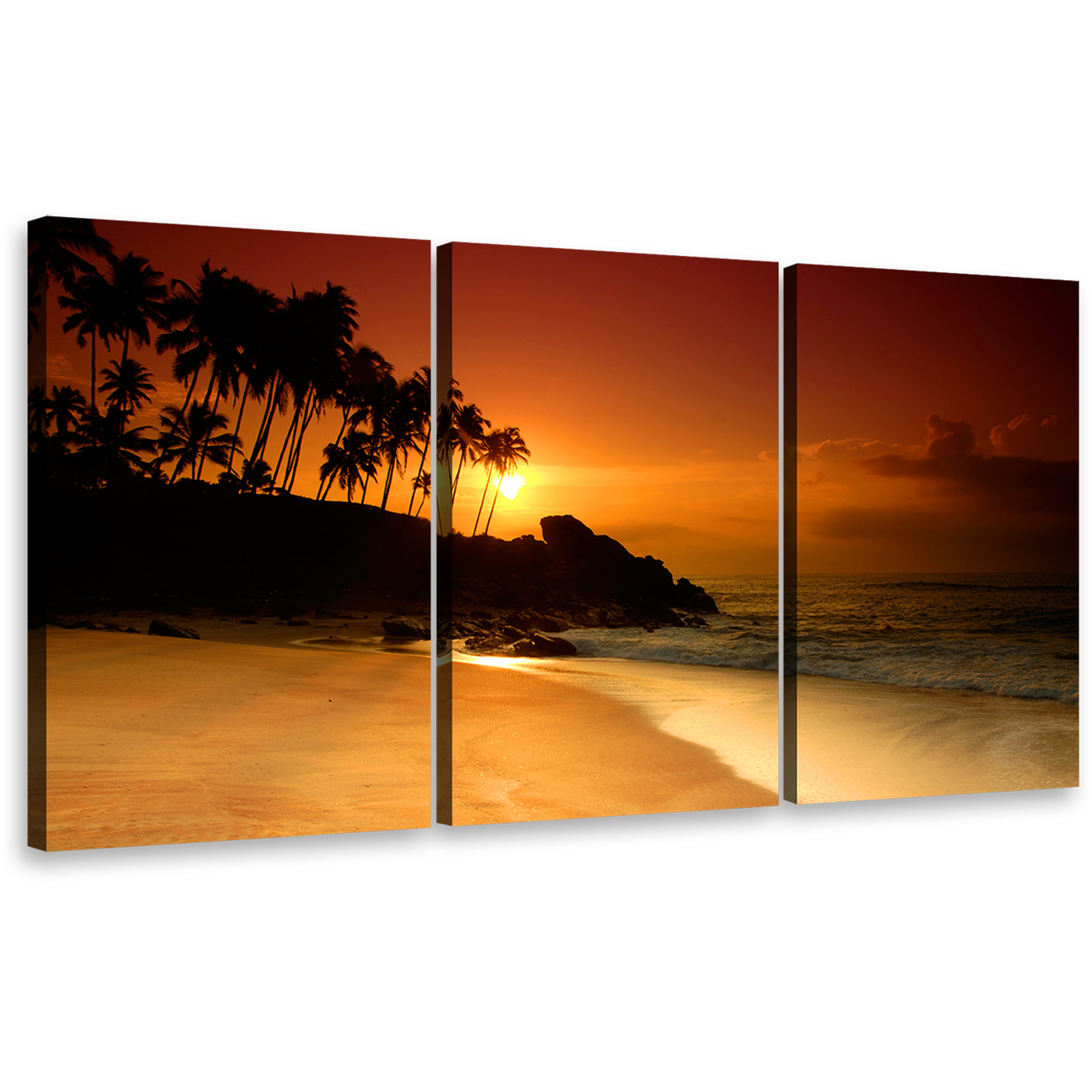 Tropical Seascape Wall Art, Black Coconut Palms 3 Piece Canvas Print, Orange Sunset Sri Lanka Ocean Beach Multi Canvas