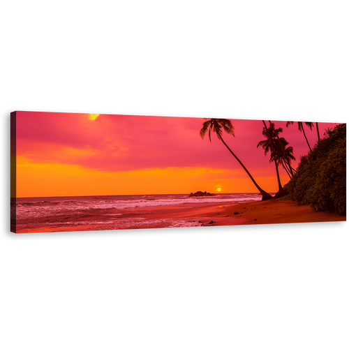 Tropical Sunset Canvas Wall Art, Red Orange Sky Ocean Beach Canvas Artwork, Palm Trees Ocean Landscape 1 Piece Canvas Print