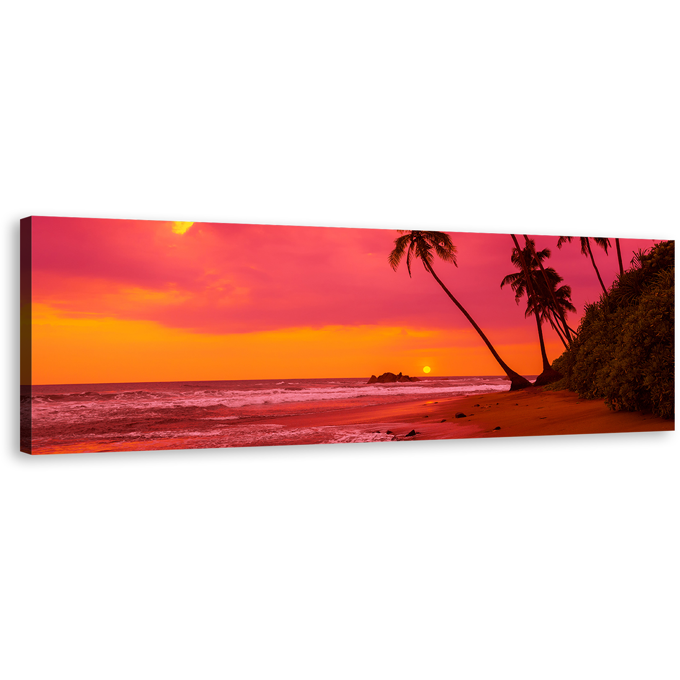 Tropical Sunset Canvas Wall Art, Red Orange Sky Ocean Beach Canvas Artwork, Palm Trees Ocean Landscape 1 Piece Canvas Print