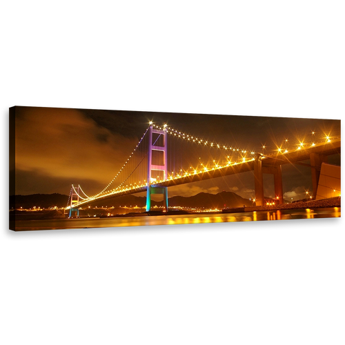 Tsing Bridge Wall Art, Amazing Purple Green City Lights Canvas Print, Hong Kong Orange City Bridge 1 Piece Canvas Art