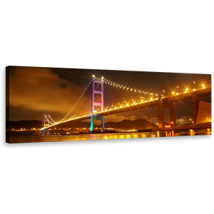Tsing Bridge Wall Art, Amazing Purple Green City Lights Canvas Print, Hong Kong Orange City Bridge 1 Piece Canvas Art