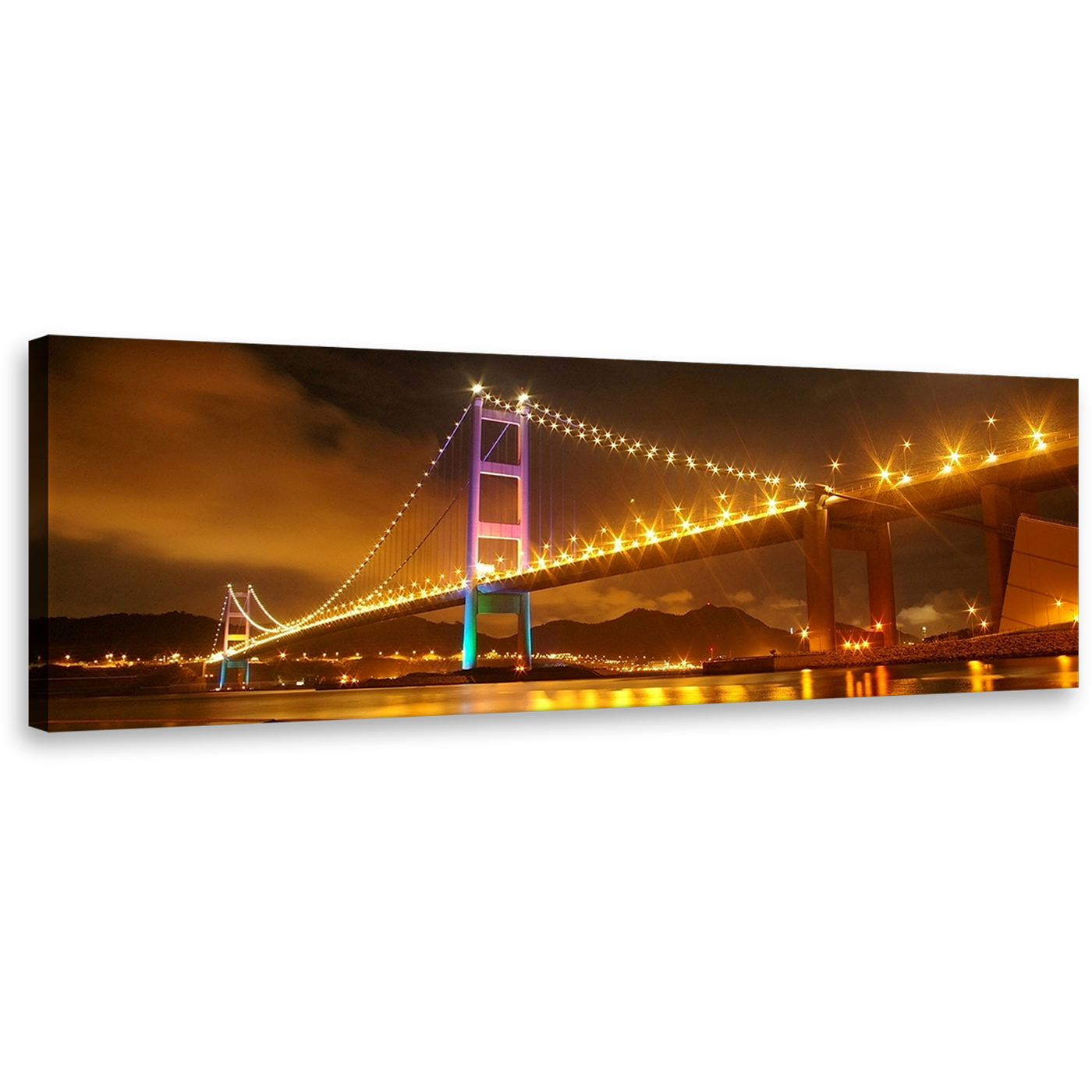 Tsing Bridge Wall Art, Amazing Purple Green City Lights Canvas Print, Hong Kong Orange City Bridge 1 Piece Canvas Art