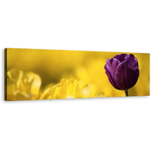 Load image into Gallery viewer, Tulip Flowers Canvas Wall Art, Yellow Fields Background Panoramic Canvas Print, Close Up Purple Tulip Flower Panorama Canvas
