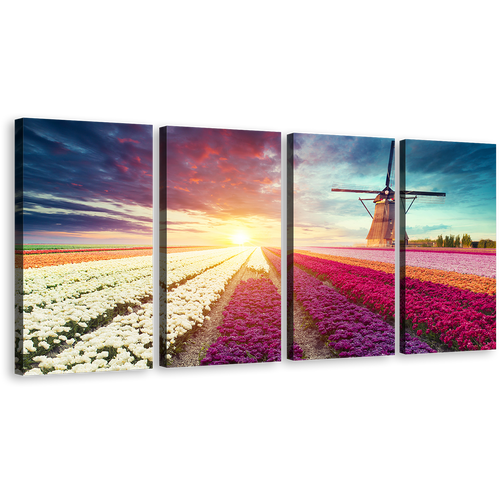 Tulips Field Canvas Wall Art, Red White Holland Landscape Multi Panel Canvas, Green Tulips Scenery 4 Piece Canvas Print