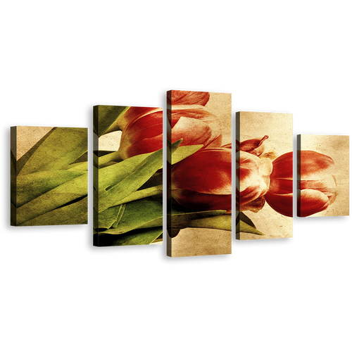 Tulips Floral Canvas Wall Art, Beautiful Green Leaves 5 Piece Canvas Multi-panel Print, Red Vintage Flowers Multi Canvas