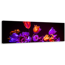 Load image into Gallery viewer, Tulips Floral Canvas Wall Art, Beautiful Purple Tulip Flowers 1 Piece Canvas, Blue Orange Tulips Dark Background Canvas Print
