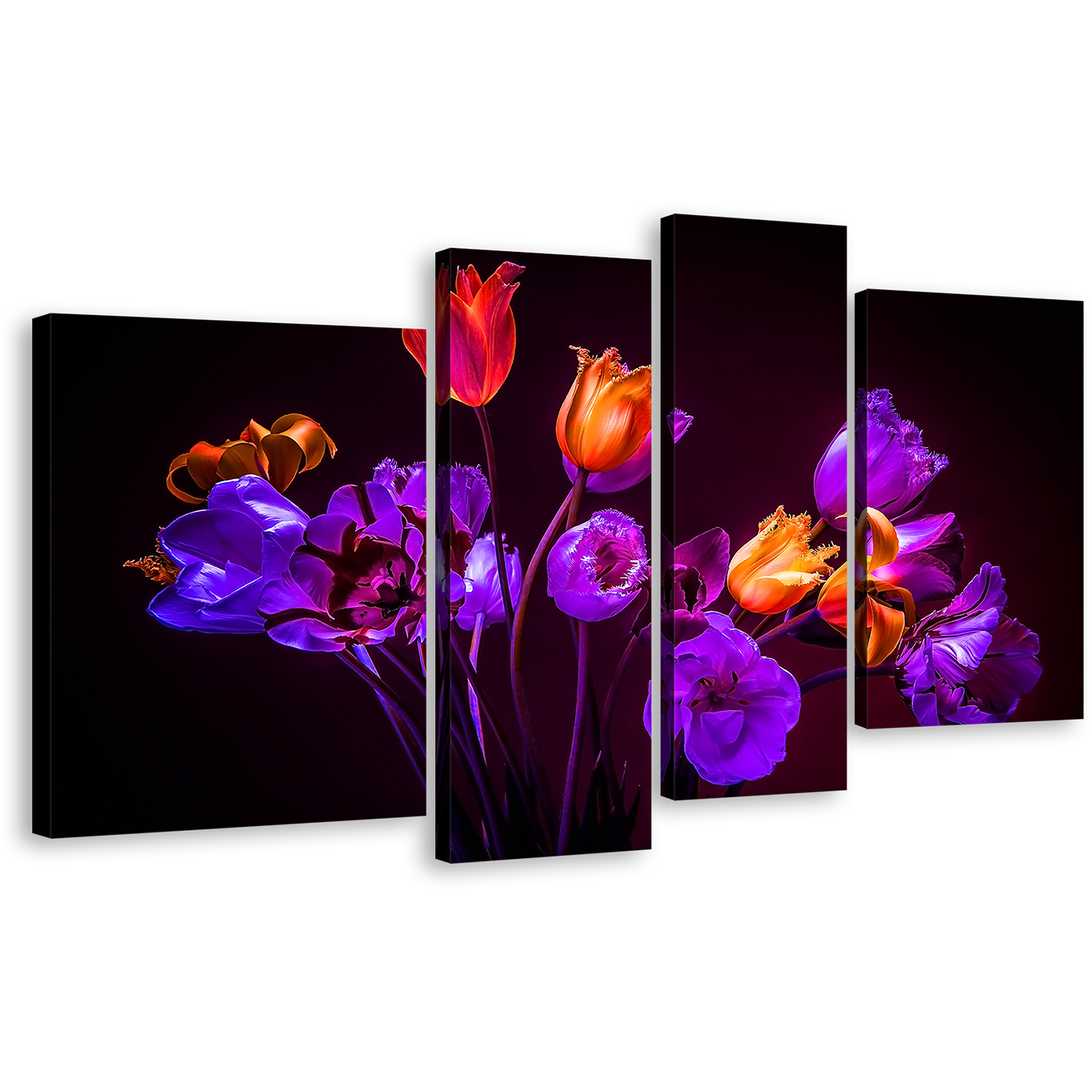 Tulips Flowers Canvas Wall Art, Purple Tulips Dark Background Canvas Print, Blue Orange Tulips Floral 4 Piece Multi Canvas Artwork