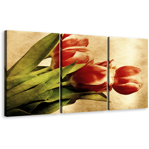 Tulips Flowers Wall Art, Red Vintage Floral Multiple Canvas, Green Leaves Floral 3 Piece Canvas Print