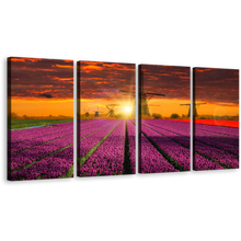 Load image into Gallery viewer, Tulips Windmill Canvas Wall Art, Holland Red Purple Tulips Fields 4 Piece Canvas Print, Beautiful Orange Sunset Windmill Multi Panel Canvas
