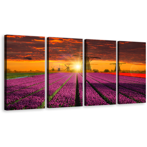 Tulips Windmill Canvas Wall Art, Holland Red Purple Tulips Fields 4 Piece Canvas Print, Beautiful Orange Sunset Windmill Multi Panel Canvas