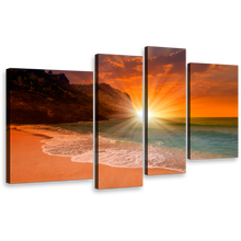 Load image into Gallery viewer, Turkey Beach Canvas Print, Beautiful Orange Ocean Sky Wall Art, Yellow Cleopatra Beach Sunset 4 Piece Canvas Set
