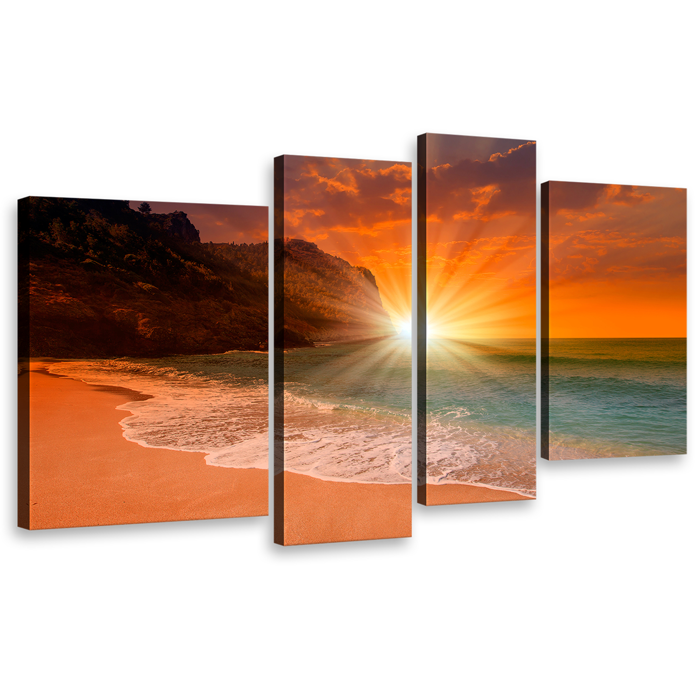 Turkey Beach Canvas Print, Beautiful Orange Ocean Sky Wall Art, Yellow Cleopatra Beach Sunset 4 Piece Canvas Set