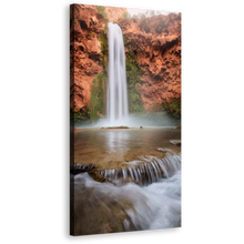 Load image into Gallery viewer, Turquoise Waterfalls Canvas Print, Arizona White Mooney Falls Canvas Artwork, Brown Canyon Waterfall Vertical Canvas Wall Art
