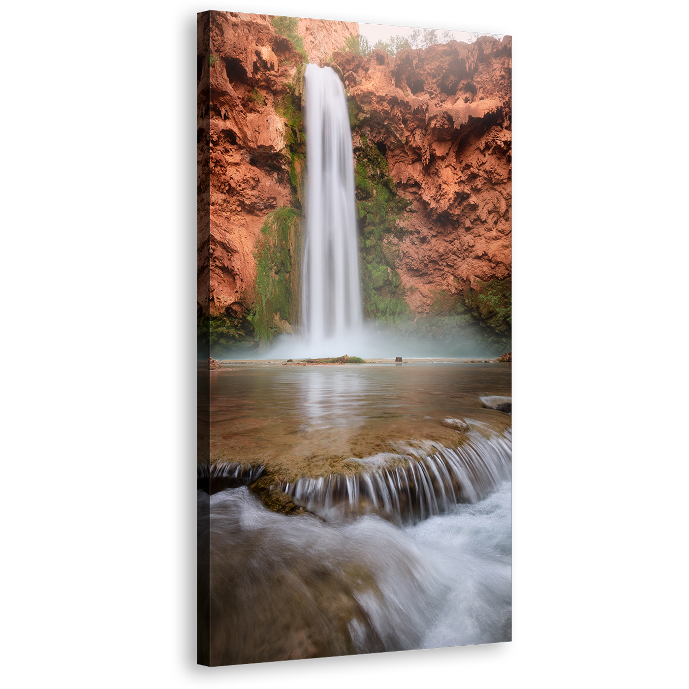 Turquoise Waterfalls Canvas Print, Arizona White Mooney Falls Canvas Artwork, Brown Canyon Waterfall Vertical Canvas Wall Art