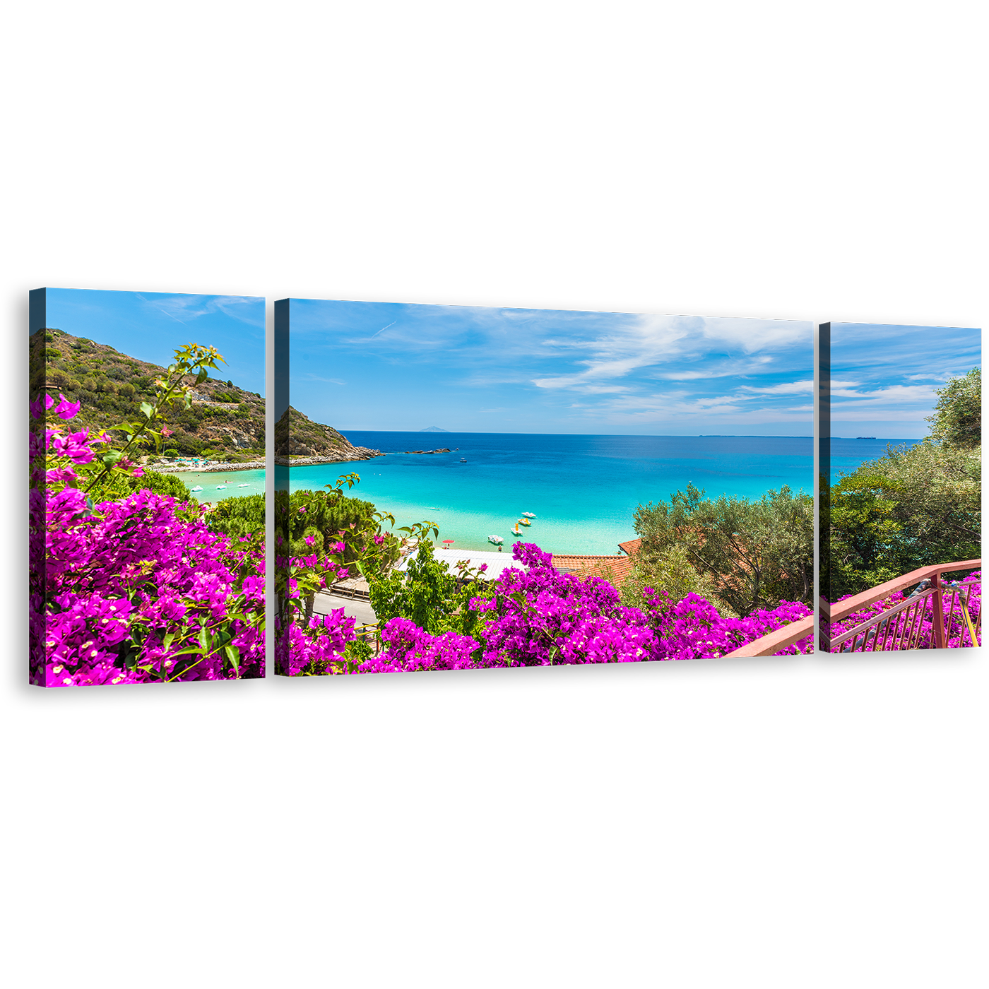 Tuscany Ocean Canvas Print, Blue Ocean Cavoil Beach 3 Piece Canvas Wall Art, Green Elba Island Multi Canvas Artwork