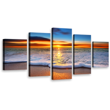 Load image into Gallery viewer, Twilight Sunset Wall Art,  Blue Ocean Beach Canvas Set, Orange Ocean Sunset Sky Beach Wave 5 Piece Canvas Print
