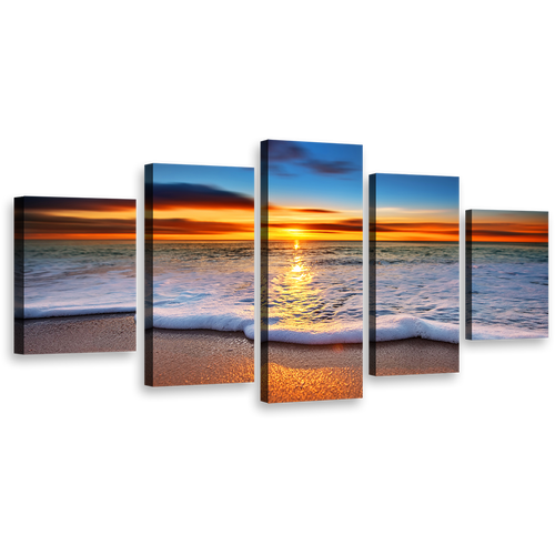 Twilight Sunset Wall Art,  Blue Ocean Beach Canvas Set, Orange Ocean Sunset Sky Beach Wave 5 Piece Canvas Print