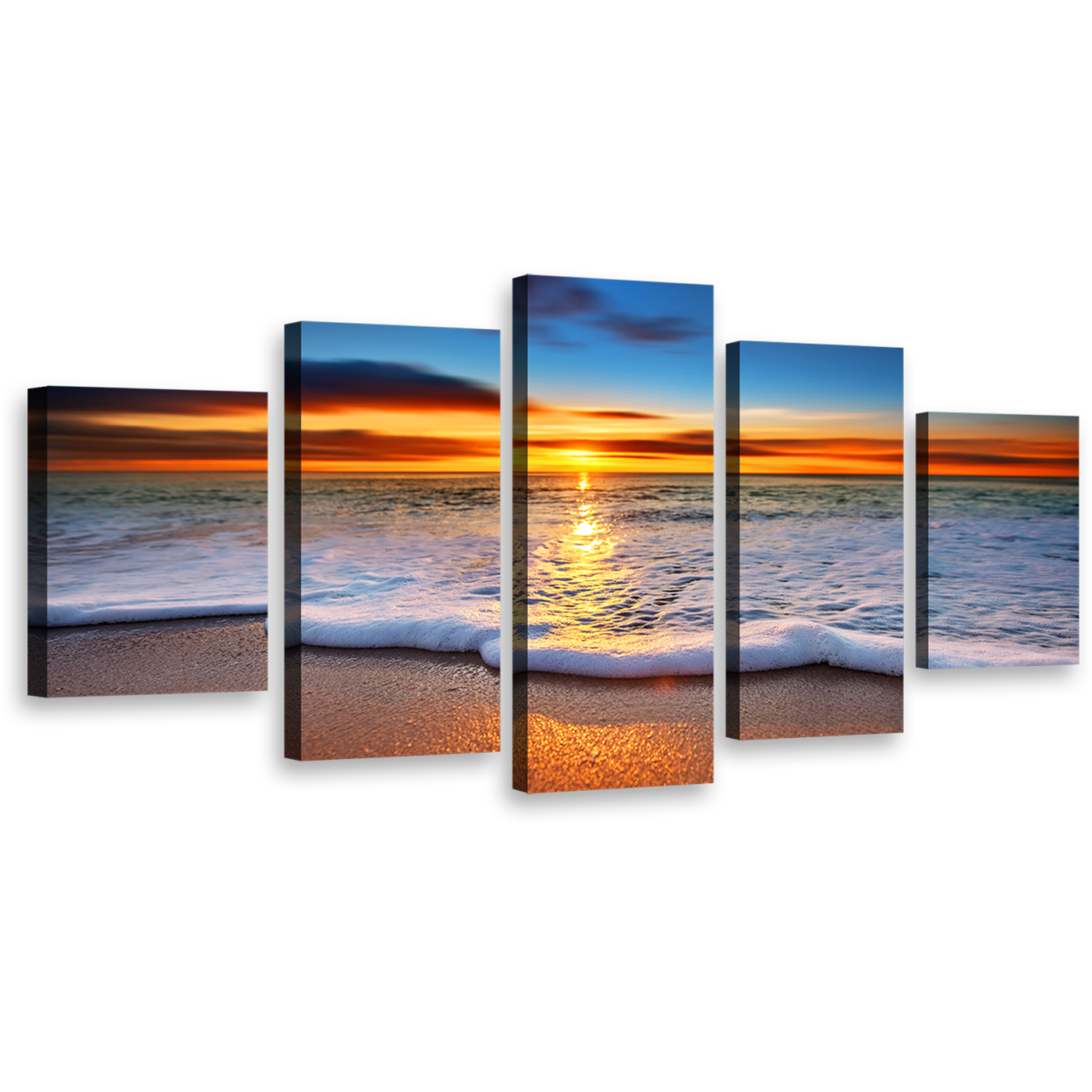 Twilight Sunset Wall Art,  Blue Ocean Beach Canvas Set, Orange Ocean Sunset Sky Beach Wave 5 Piece Canvas Print