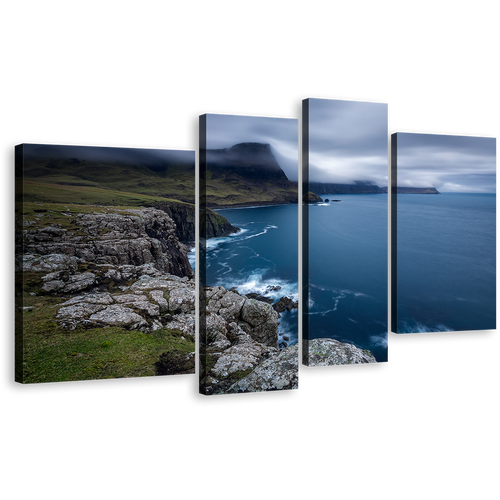 UK Ocean Canvas Print, Duirinish Peninsula Blue Ocean 4 Piece Canvas Wall Art, Scotland Green Ocean Landscape Multiple Canvas