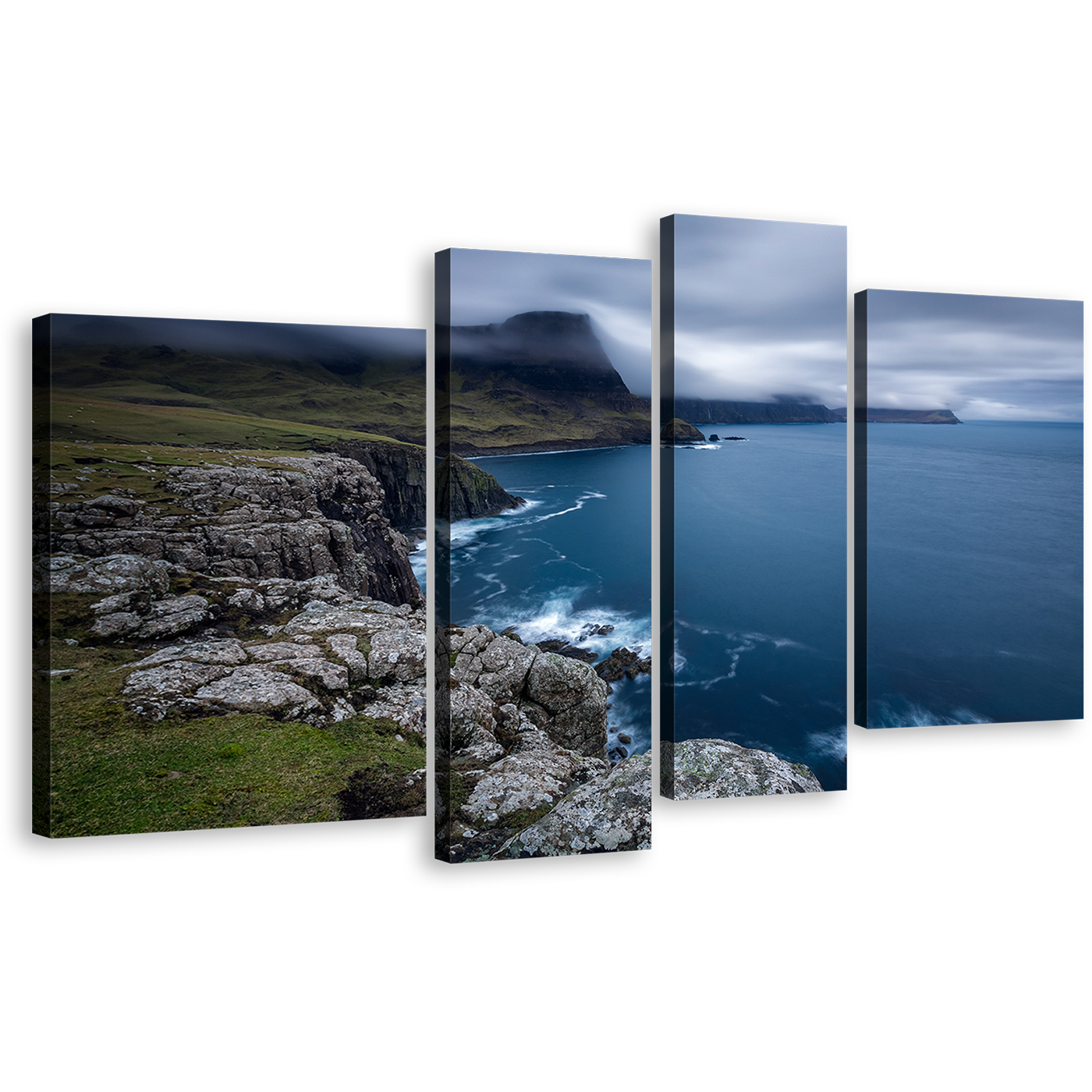 UK Ocean Canvas Print, Duirinish Peninsula Blue Ocean 4 Piece Canvas Wall Art, Scotland Green Ocean Landscape Multiple Canvas