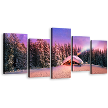 Load image into Gallery viewer, Ukraine Forest Canvas Wall Art, Purple Snow-Capped Forest with Cabins Under Blue Starry Skies 5 Piece Canvas Print
