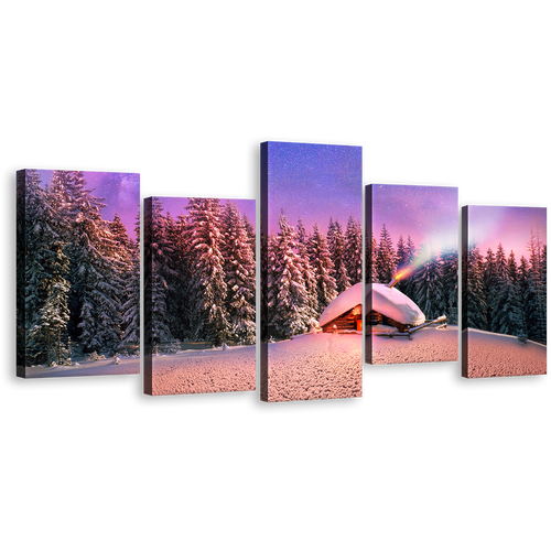 Ukraine Forest Canvas Wall Art, Purple Snow-Capped Forest with Cabins Under Blue Starry Skies 5 Piece Canvas Print