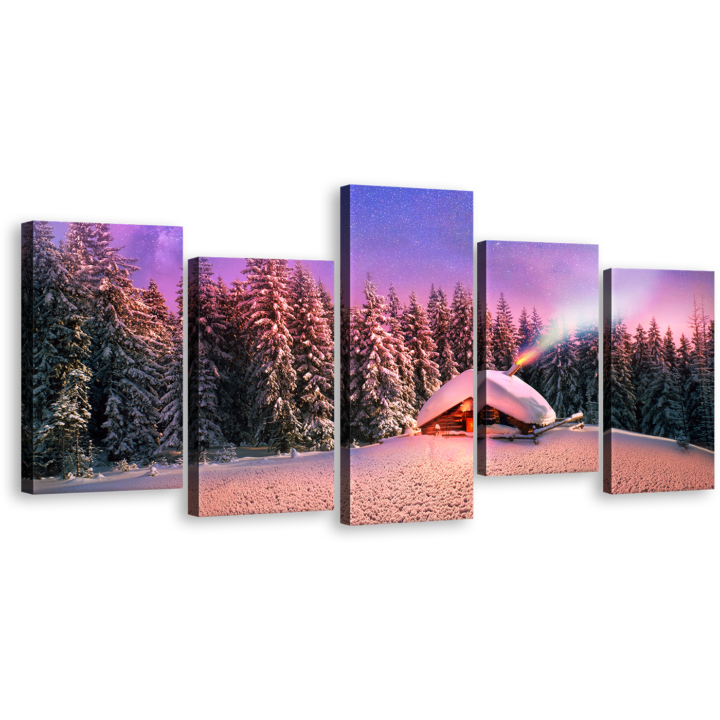 Ukraine Forest Canvas Wall Art, Purple Snow-Capped Forest with Cabins Under Blue Starry Skies 5 Piece Canvas Print