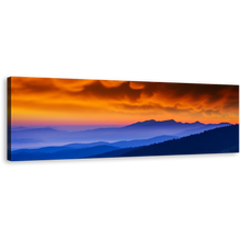 Load image into Gallery viewer, Ukraine Landscape Canvas Wall Art, Blue Majestic Mountains Panoramic Canvas Print, Dramatic Orange Clouds Landscape Wide Canvas
