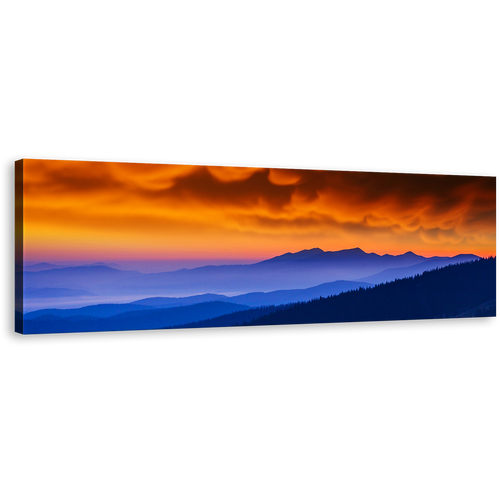 Ukraine Landscape Canvas Wall Art, Blue Majestic Mountains Panoramic Canvas Print, Dramatic Orange Clouds Landscape Wide Canvas