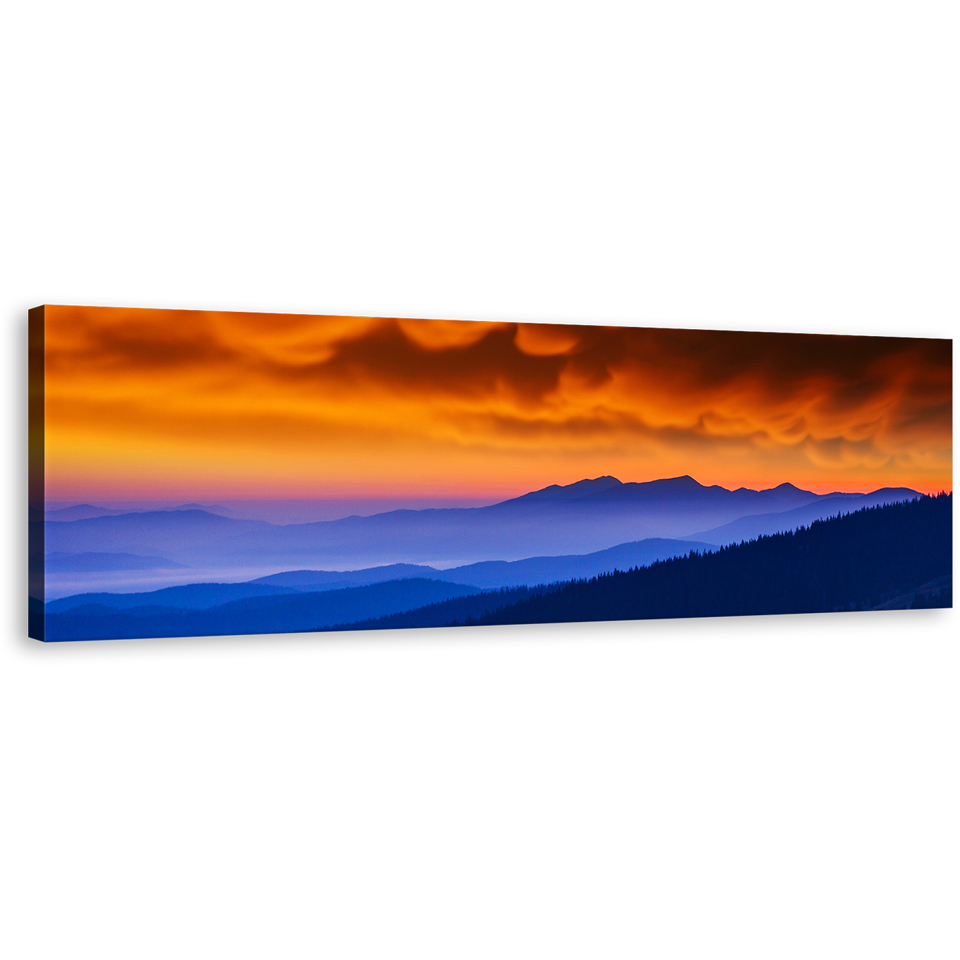 Ukraine Landscape Canvas Wall Art, Blue Majestic Mountains Panoramic Canvas Print, Dramatic Orange Clouds Landscape Wide Canvas