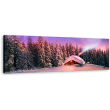 Load image into Gallery viewer, Ukraine Mountain Wall Art, Snow-Capped Mountain Forest Canvas Art, Blue Purple Starry Sky Cabins Mountain 1 Piece Canvas Print
