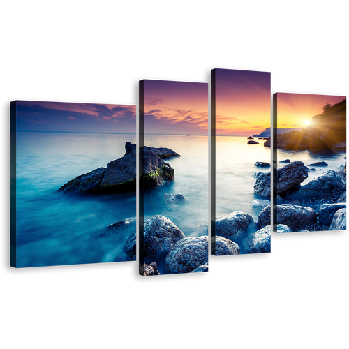 Ukraine Ocean Canvas Print, Blue Europe Ocean Rocks Boulders Multiple Canvas, Cloudy Sunset Sky Ocean 4 Piece Canvas Wall Art