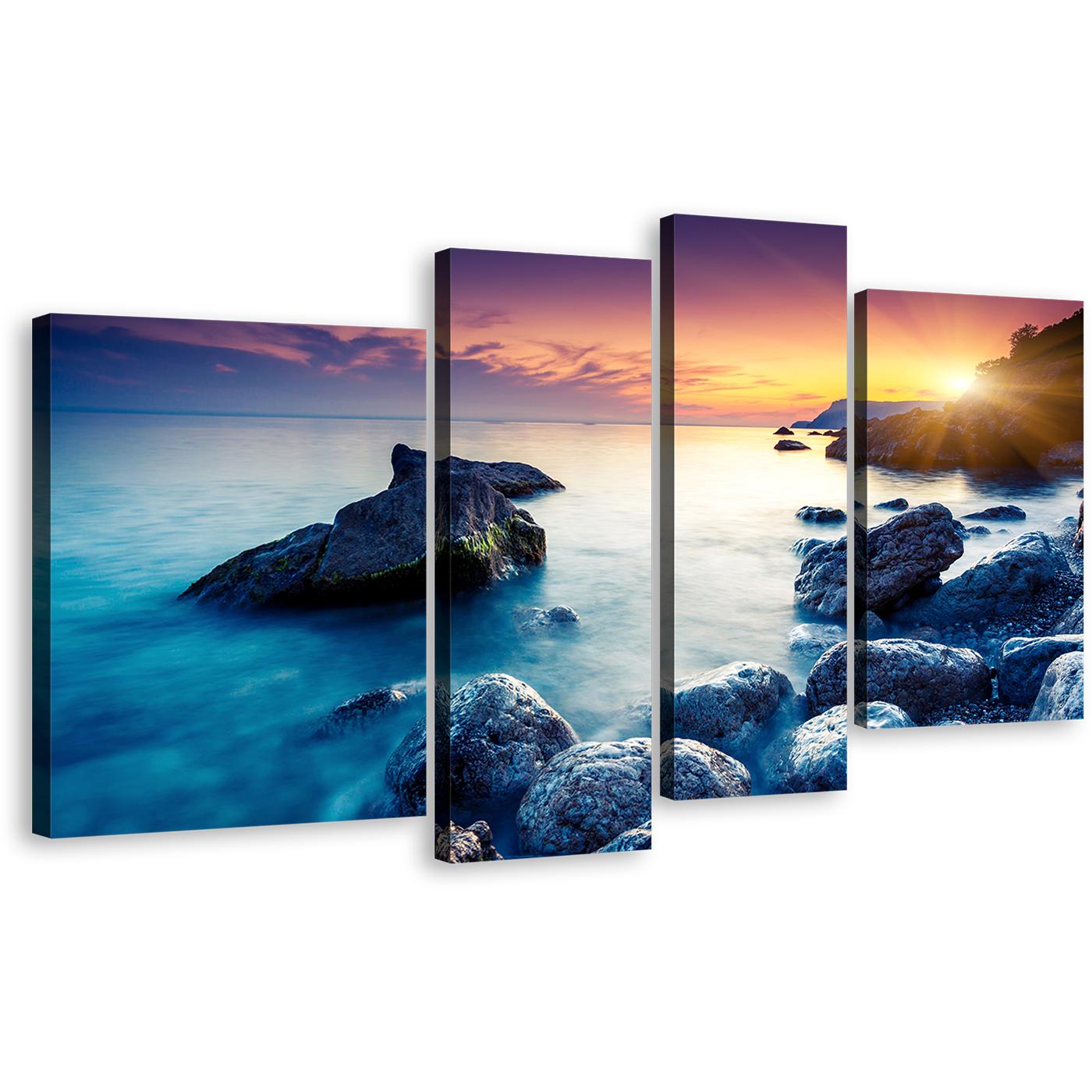 Ukraine Ocean Canvas Print, Blue Europe Ocean Rocks Boulders Multiple Canvas, Cloudy Sunset Sky Ocean 4 Piece Canvas Wall Art