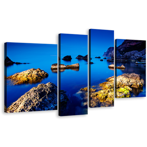 Ukraine Ocean Canvas Print, Blue Sky Ocean 4 Piece Canvas Wall Art, Europe Brown Ocean Rocks Boulders Multiple Canvas