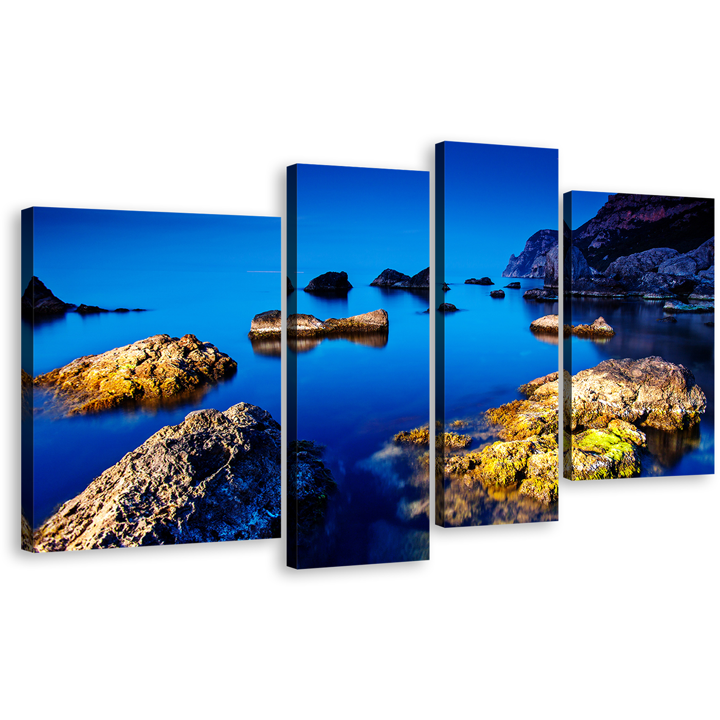 Ukraine Ocean Canvas Print, Blue Sky Ocean 4 Piece Canvas Wall Art, Europe Brown Ocean Rocks Boulders Multiple Canvas