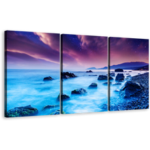 Load image into Gallery viewer, Ukraine Sea Canvas Print, Blue Ocean Rocks Boulders Multi Canvas, Dramatic Purple Overcast Sky 3 Piece Wall Art
