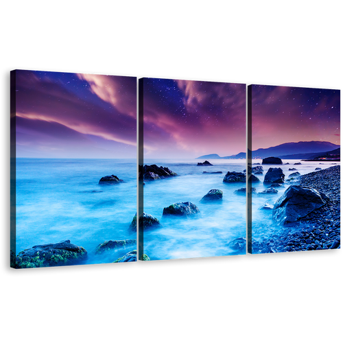 Ukraine Sea Canvas Print, Blue Ocean Rocks Boulders Multi Canvas, Dramatic Purple Overcast Sky 3 Piece Wall Art